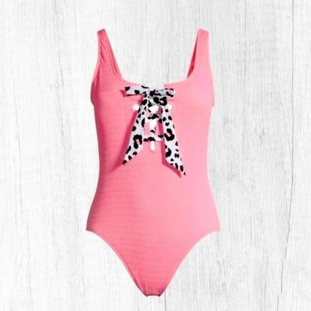 No Boundaries‎ Juniors Pink Lace-Up High Leg Swimsuit Size M 7-9 One Piece